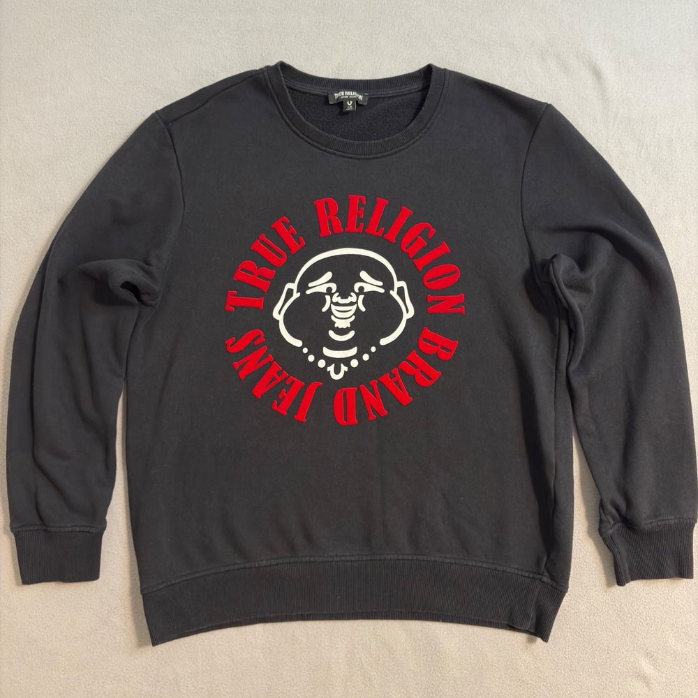 True Religion Crew Neck Sweatshirt Black Y2K Retro Red Big Logo Mens Large